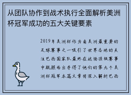 从团队协作到战术执行全面解析美洲杯冠军成功的五大关键要素 从团队协作到战术执行全面解析美洲杯冠军成功的五大关键要素